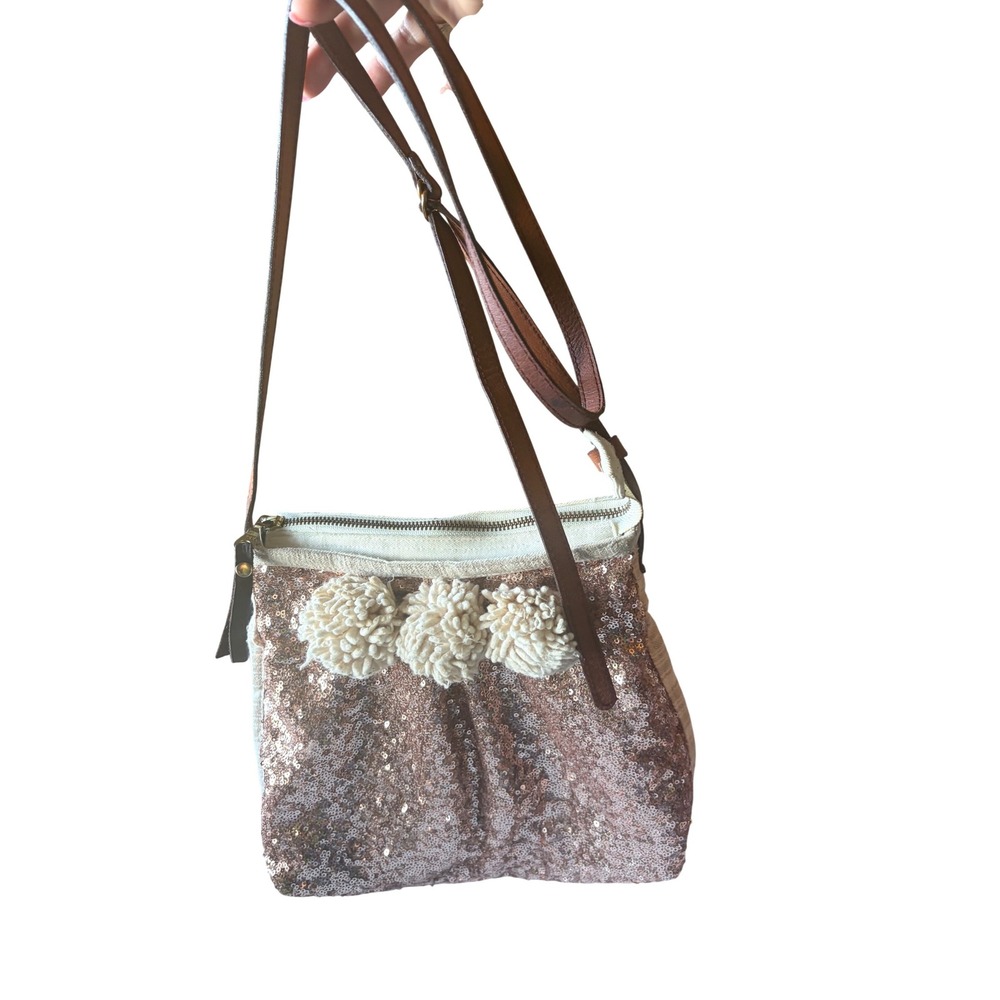 JADEtribe Rose Gold Sequin Pom Pom Crossbody Bag Boho Festival Purse Rose Gold